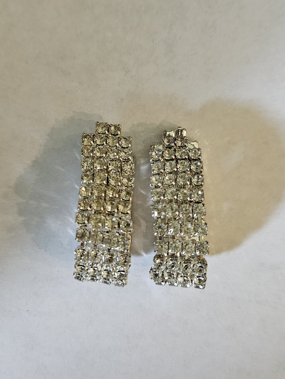 Rhinestone Clip On Quadruple 4 Row Earrings Silver Tone Vintage